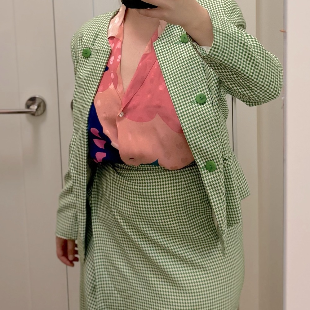 2 piece set blazer skirt gingham green